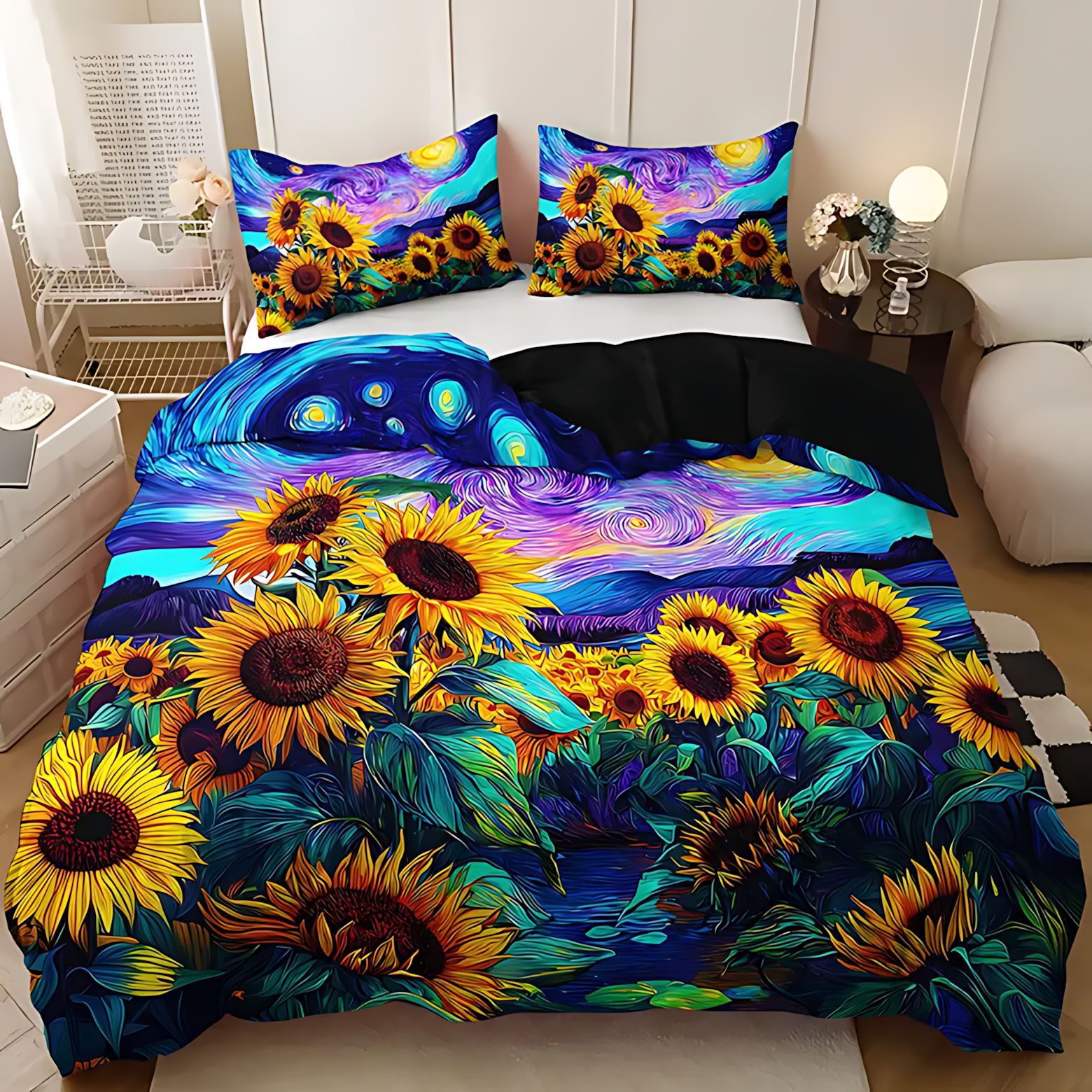 TEMU / JIT transfronterizo nueva estrella girasol impresión digital HD cómodo abrasivo colcha de colcha set de almohada