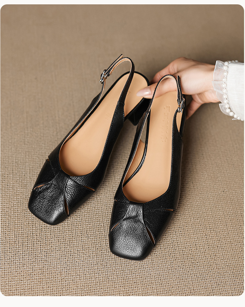 Sandal nữ mũi vuông da cừu hở mũi gót vừa dày — đen chi tiết 5