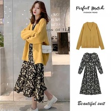 胖大码女装秋冬新款雪纺中长款连衣裙配宽松毛衣两件套