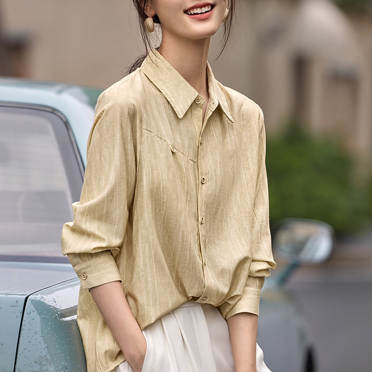 肌理感棉麻衬衫女2025春季慵懒风宽松polo领衬衣时尚优雅长袖上衣