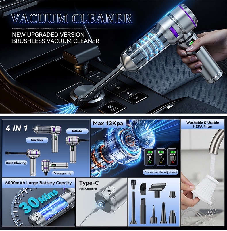 Car-mounted vacuum cleaner with dual-function suction and blowing, brushless high-power 16000Pa, integrated air pump with digital LED display
