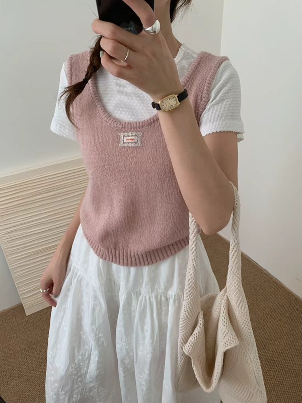 秋季绿色u领蕾丝标针织吊带背心马甲女外搭叠穿韩系坎肩无袖上衣|undefined