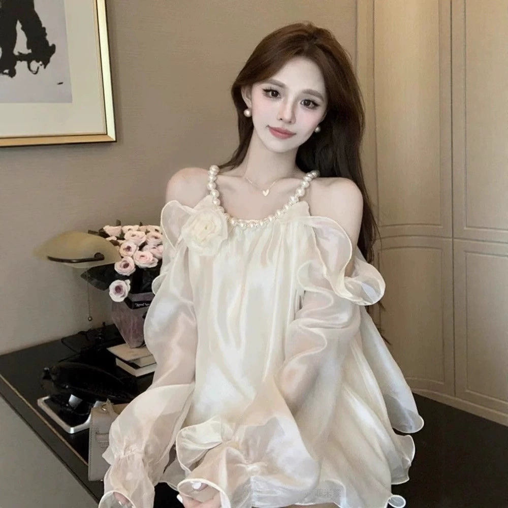 Трехмерная цветочная жемчужная блузка с открытыми плечами, сказочная красивая и супер стильная рубашка 2025, французский ретро-дизайн.