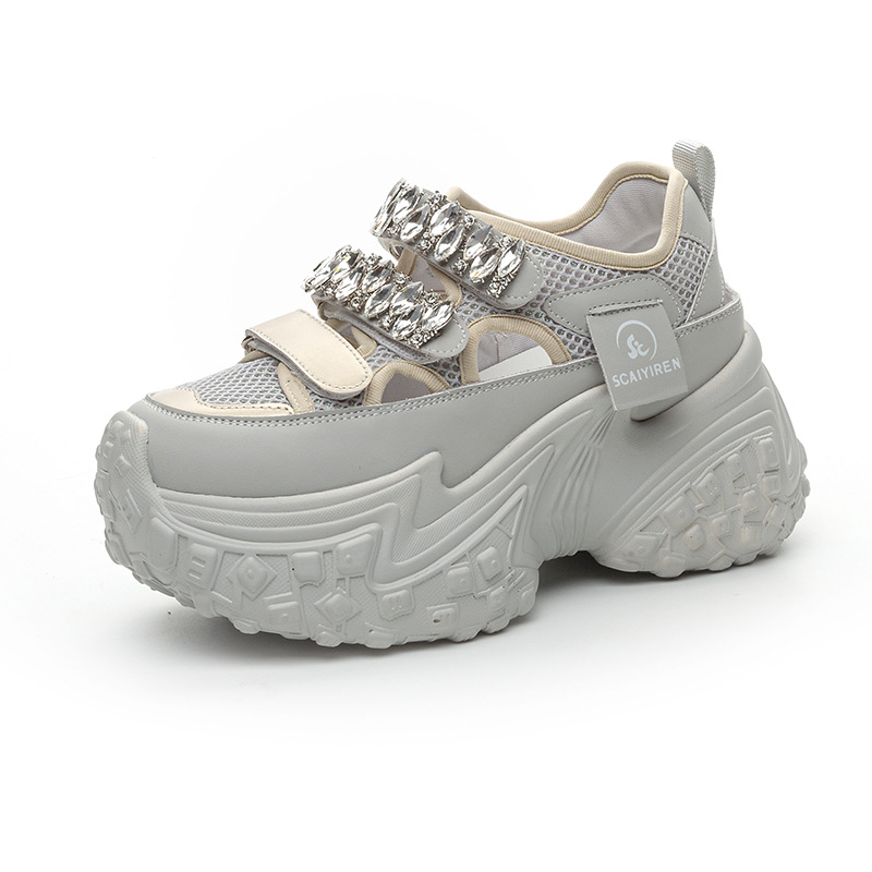 Giày sneaker nữ đế dày lưới rỗng đính đá thoáng khí thời trang đa năng — M2598 màu trắng, M2598 màu xám