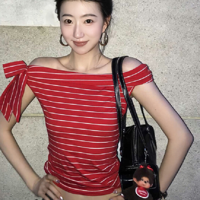 여름 아우터용 여성용 아메리칸 스트라이프 오블리크 숄더 티셔츠 레이스업 조끼 슬리밍 탑 인