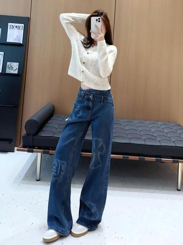 潮流时尚重工牛仔裤女绝美超好搭阔腿长裤南油秋季遮肉显瘦直筒裤|undefined