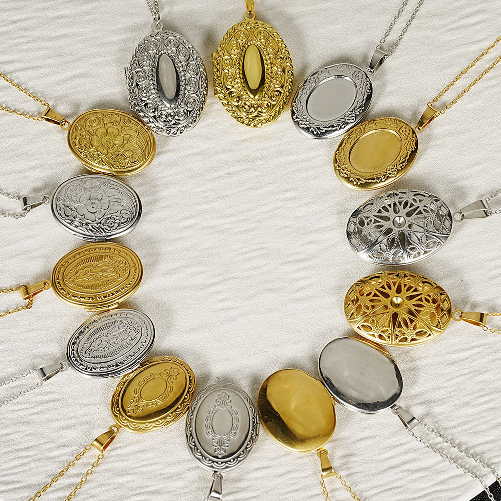 316L espejo de acero inoxidable pulido plasma ovalado bricolaje pareja caja colgante collar de galvanoplastia de oro real de 18K