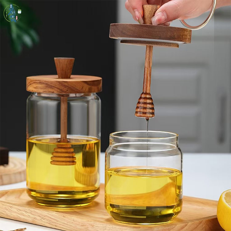Tanque de almacenamiento de madera de acacia, tanque de miel, barra de mezcla transparente con tapa de borosilicato, tanque de vidrio sellado de almacenamiento de cocina