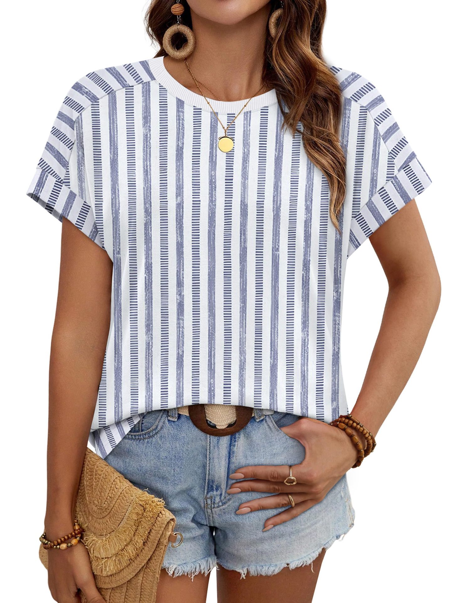 Summer New Women's Round Neck Casual Striped T-Shirt Short Sleeve Top American Style_ecoleips.com