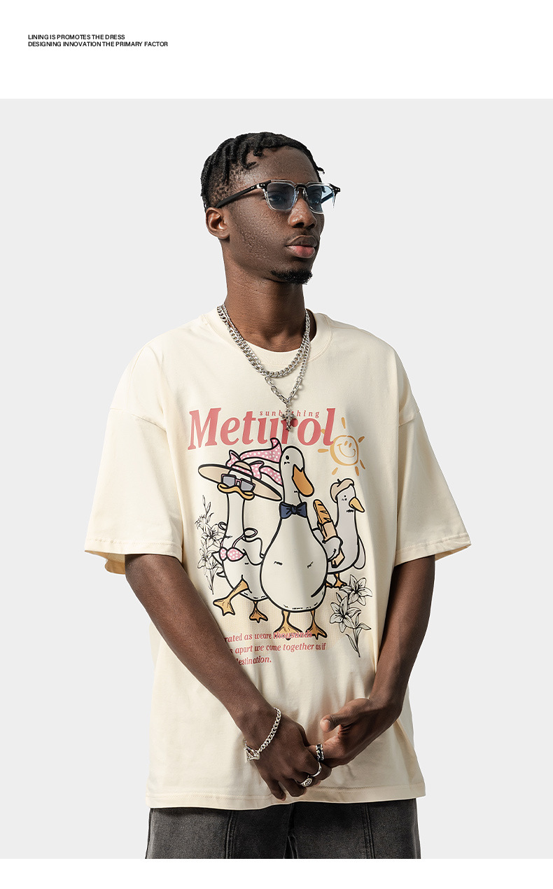 American Trendy Duck Print Kurzarm T-Shirt Herren Loose Oversize Trendy High Street Paar Vielseitiges T-Shirt_voghion.com