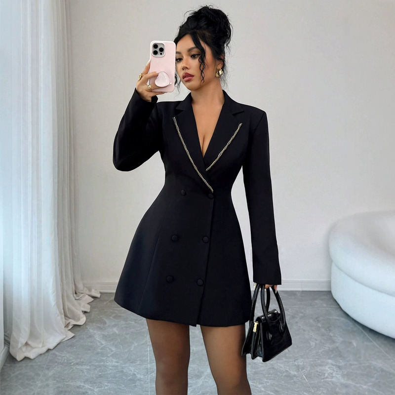 In-stock double-breasted waist-cinching blazer dress for women, long-sleeved, deep V-neck, slimming, elegant, commuter fashion coat dress