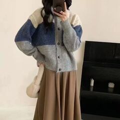 韩系简约针织开衫撞色条纹2025秋冬新款复古慵懒风百搭毛衣外套女