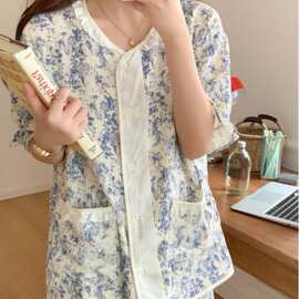 韩国ins女士外贸睡衣夏季中国风水墨画短袖短裤家居服套装可外穿