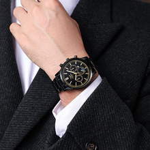跨境热销男士商务新款时尚腕表假三眼网带日历非机械石英手表批发