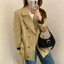 韩国小众 2023秋冬经典复古西装领系腰带中长款风衣纯色外套23798