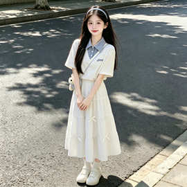2026新款女童白色蝴蝶结半身裙套装女童夏季新款polo衫裙子两件套
