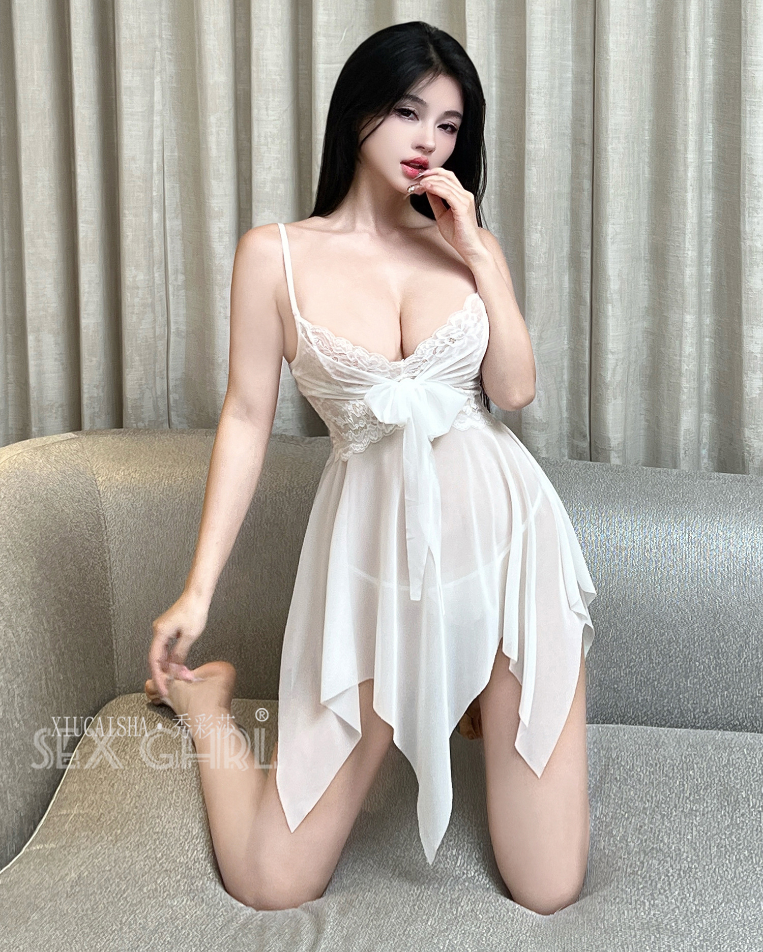 Lace Mesh Babydoll Nightgown Set with Thong and Open-Crotch Stockings, Black One Size — detail image 17