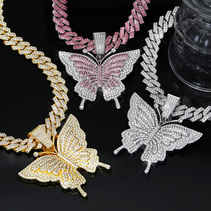 Cross-Border Popular Hip-Hop Style Necklace European and American Fashion Alloy Full Diamond Unisex Butterfly Pendant Cuban Chain