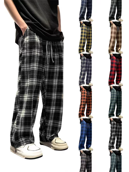 2024 Amazon Aliexpress Independent Site Unisex Plaid Loose Straight-Leg Drapey Wide-Leg Drawstring Long American Retro Style