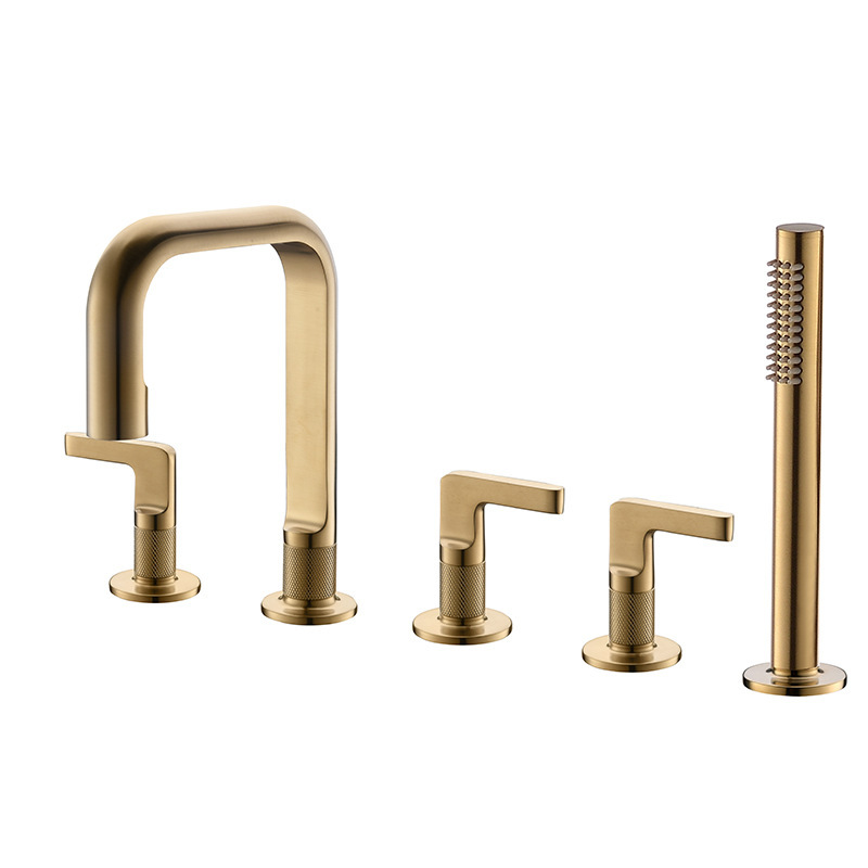 All-Copper Bathtub Freestanding Tub with Hot and Cold Taps, Hotel Suite Bathtub Four-Piece Set, Brushed Gold Bathtub Faucet