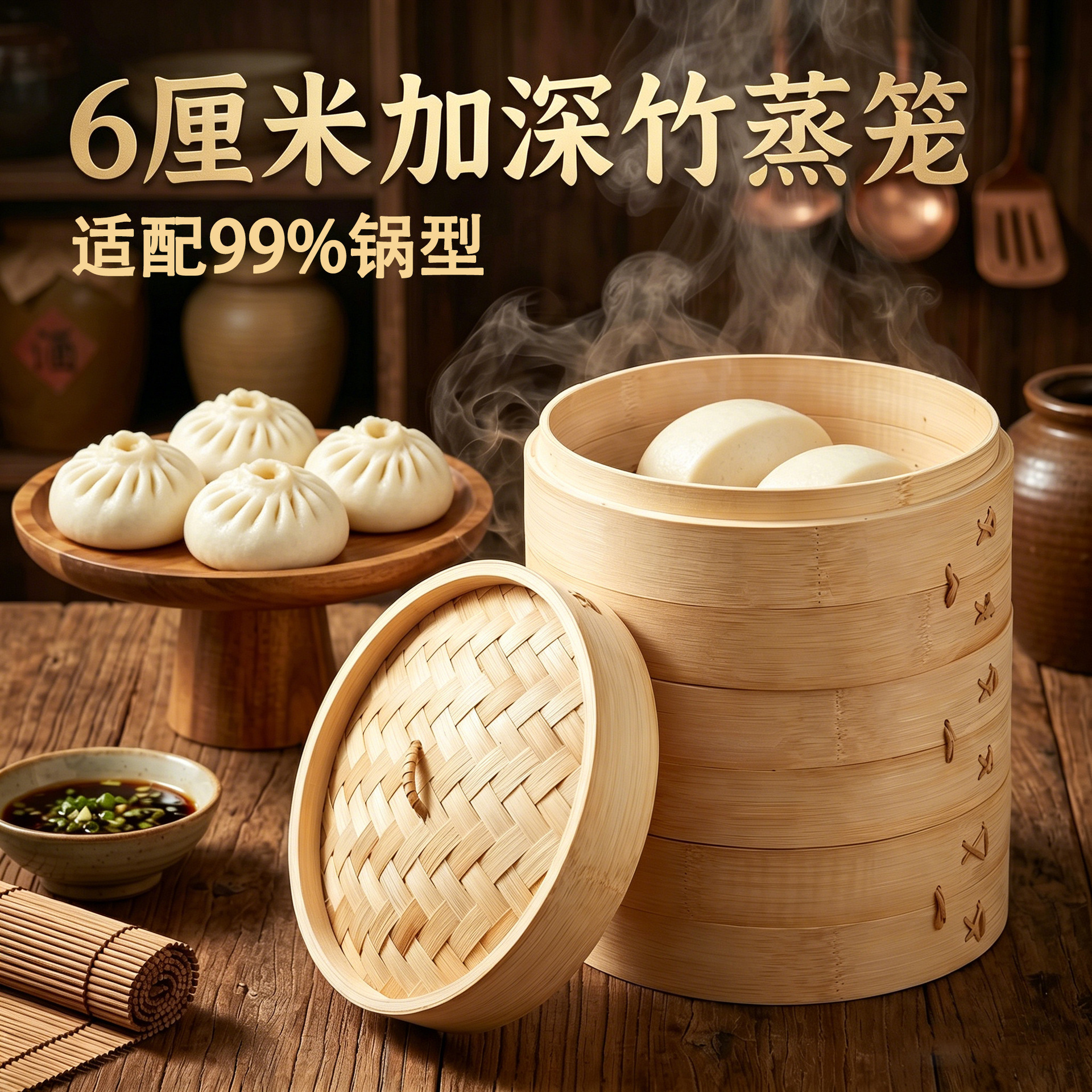 Old-fashioned bamboo steamer for buns and dumplings, commercial small steamer basket, deep bamboo steamer for home use