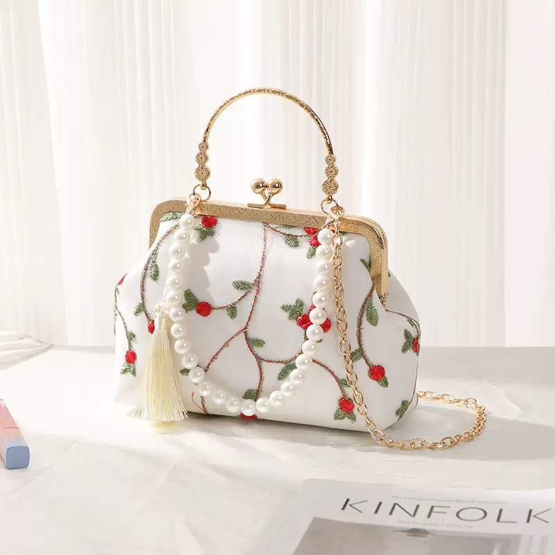 国风刺绣小众旗袍包包时尚百搭素雅汉服包单肩斜挎珍珠手提口金包