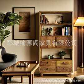 新中式老榆木书架书房满墙格子架落地式墙壁收纳架客厅隔断博古架
