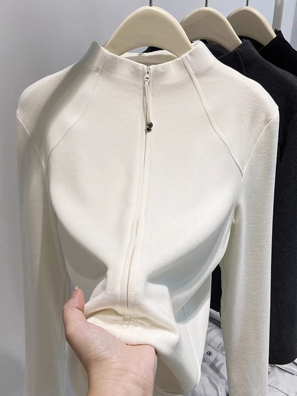 Áo khoác cardigan nữ dáng ôm cổ lọ nửa, khóa kéo đôi, tay dài, chất nhung Đức dày — màu xám đậm, màu đen, quả mơ