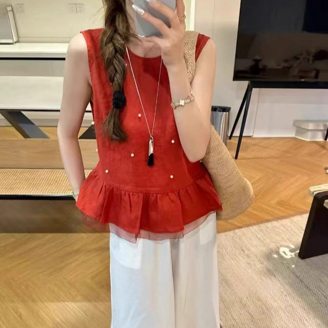 2025 New Summer Style Heavy Beaded Splicing Lace Bow Sleeveless Top Women's Age-Reducing Elegant Linen Shirt