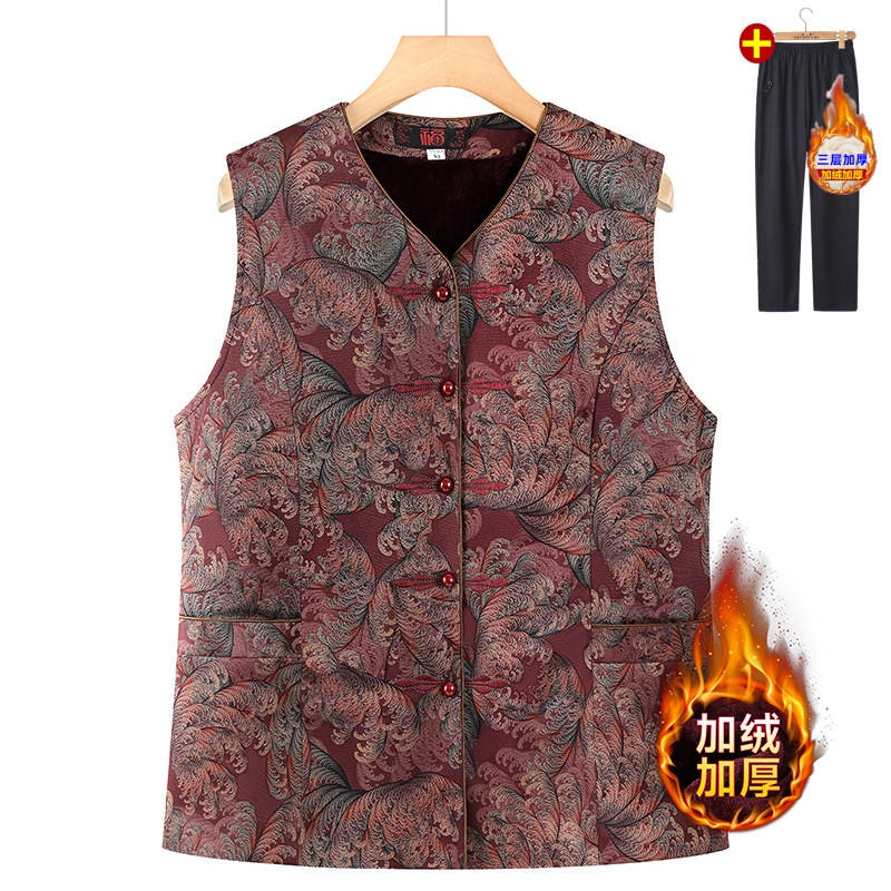 Mother's Clothing New Chinese Style National Style Vest for Middle-Aged and Elderly Women and Grandmothers Autumn and Winter Waistcoat Warm Vest Fleece-Lined Vest Suit Mother's Clothing New Chinese Style National Style Vest for Middle-Aged and Elderly Women and Grandmothers Autumn and Winter Waistcoat Warm Vest Fleece-Lined Vest Suit