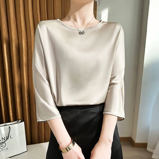 白色T恤女春夏薄款圆领打底衬衫职业装上衣丝绸垂感五分袖体恤衫