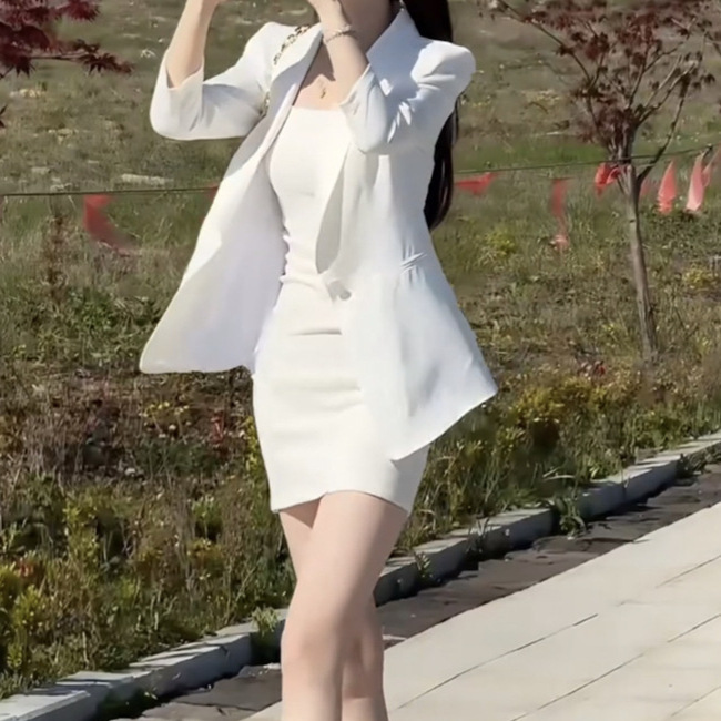 Elegant Socialite 2026 Fashion Spring New Set Solid Color Blazer Slim Fit Dress Set Trendy
