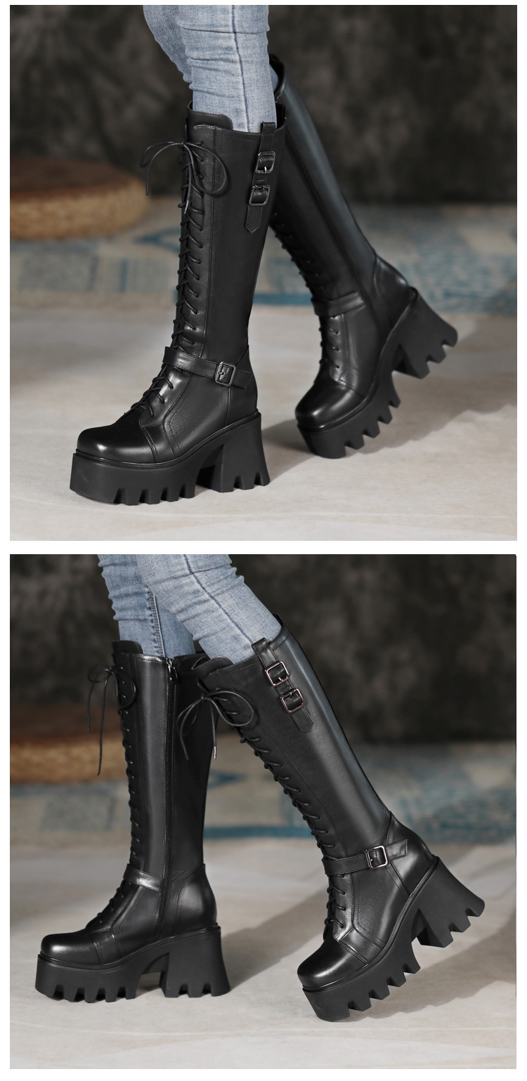 Boot nữ cổ cao phong cách cổ điển, gót 10 cm, khóa dây buộc — Lót nhung đen chi tiết 5