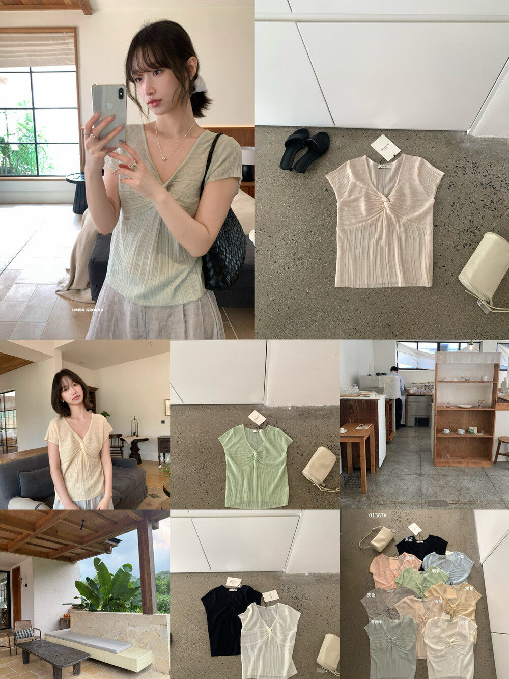 Áo thun nữ tay ngắn cổ V xoắn nút phong cách Pháp, chất liệu linen mềm mại — xanh đậm, Xanh nước biển, hồng nhạt, bạc hà xanh chi tiết 15