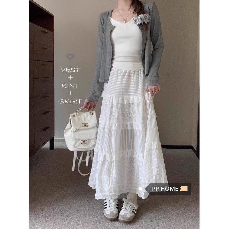 2026 Summer New White Lace High-Waisted Skirt, Gentle and Cute, Slimming Cake-Style Long Skirt for Tall Women