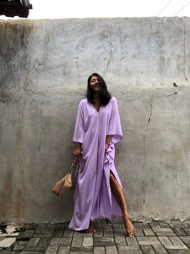 loose long sleeve slit v neck solid color beach outdoor cover-up robe-Multicolor NSMUX131425