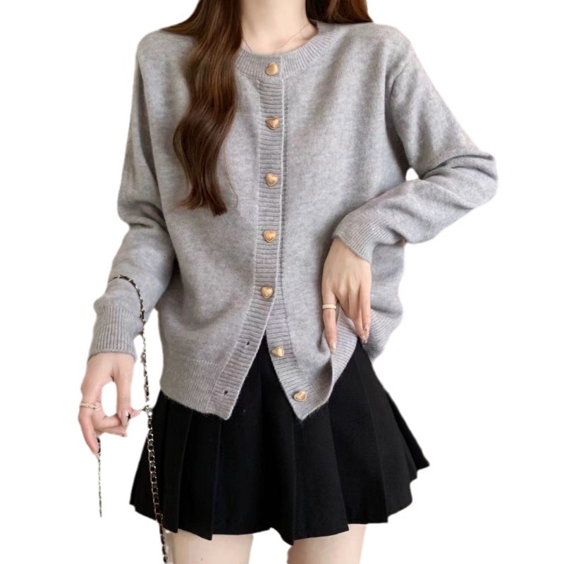 Dulce tierno amor botón rosa suéter cardigan suelta mujer coreana invierno invernal cortos abrigo de punto chaqueta superior