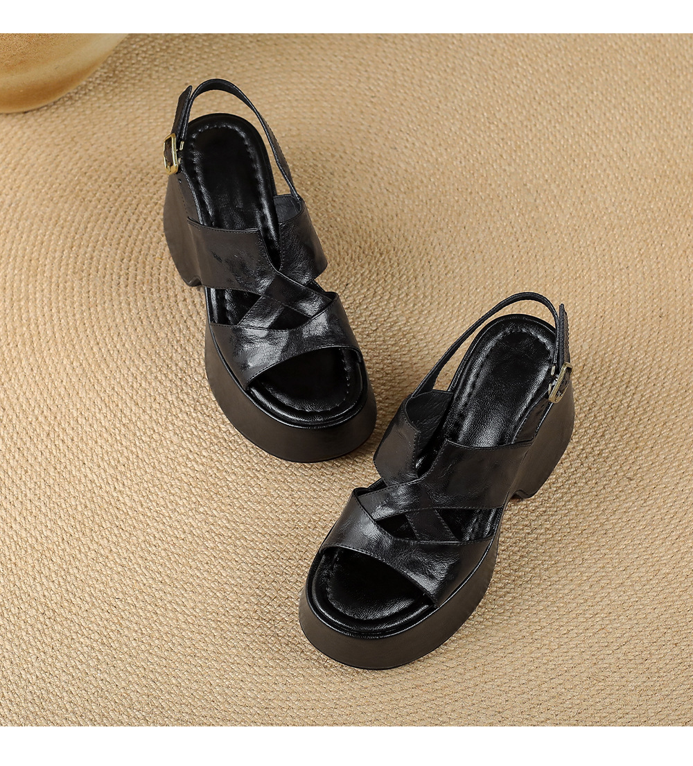Sandal cao gót nữ đế platform da lộn quai ngang gót 9 cm — Da cừu đen lật, Da cừu đen chi tiết 15