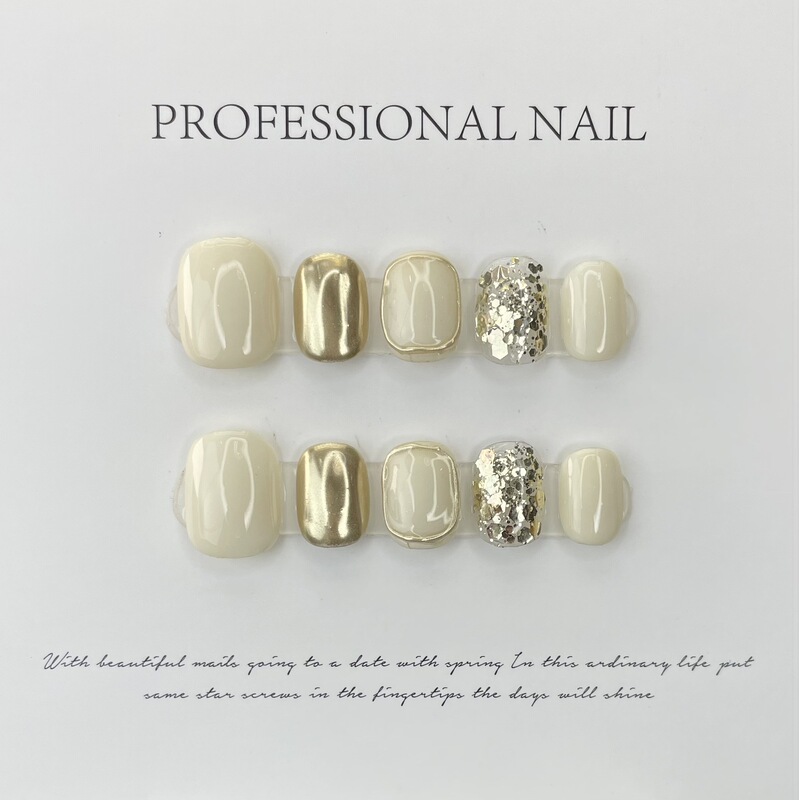 Pure Hand-Wearing Armor False Nails Wearing Armor White Milk White Champagne Gold Sequins Mirror Manicure Removable