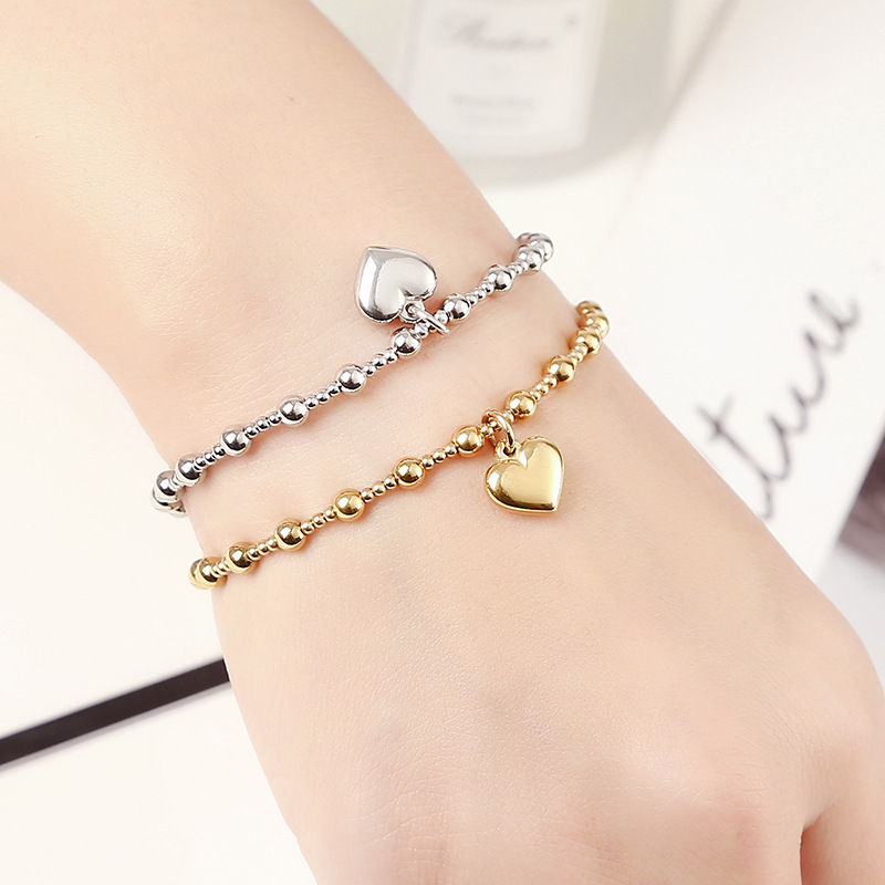 304 Stainless Steel Chain Material Fashion Heart Shape Stainless Steel Beaded Plating Bangle 1 Piece