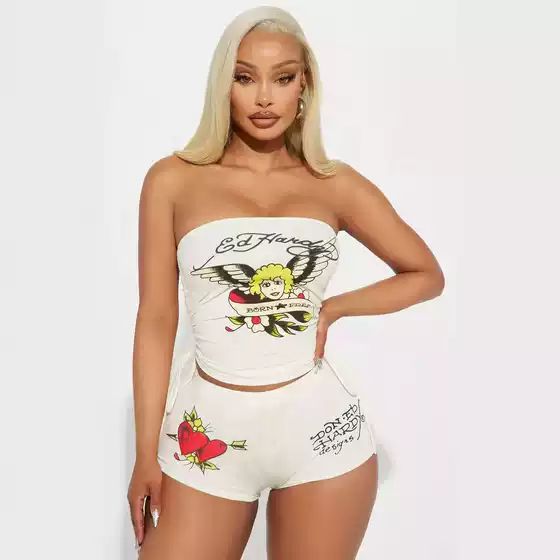 2024 Cross-border European and American Women's Wear Positioning Print Tube Top and Shorts Set