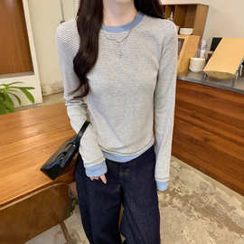 港风条纹撞色长袖T恤女2025春季假两件上衣韩版减龄设计感打底衫
