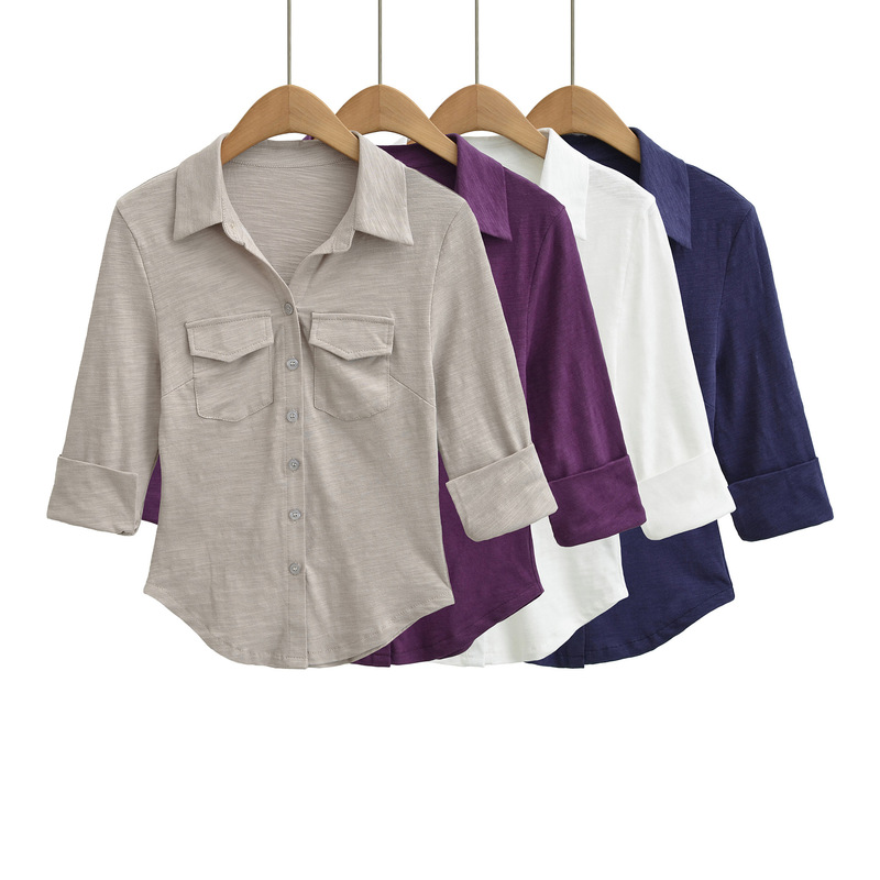 Elegant and Simple V-Neck Shirt with a Small Turn-Down Collar, Cool and Comfortable, Waist-Cinching Design, Summer Lazy Style, Bamboo Cotton Top for Women