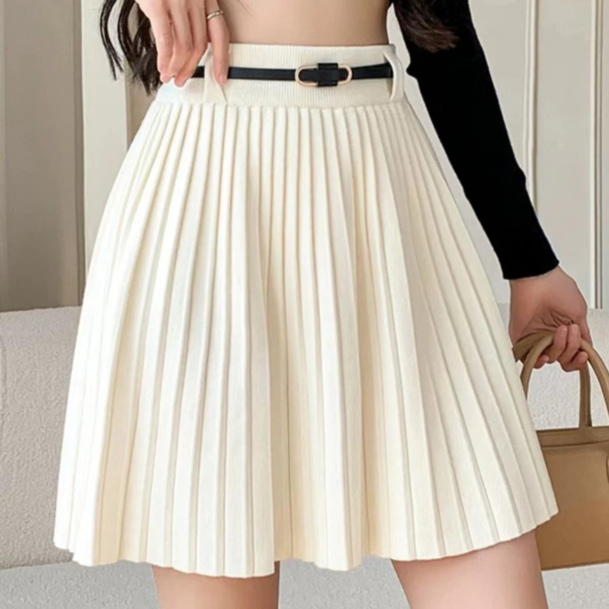 Abbigliamento donna Gonna plissettata vita alta linea a cintura stile gonna elastica sottile gonna corta lavorata a maglia_voghion.com