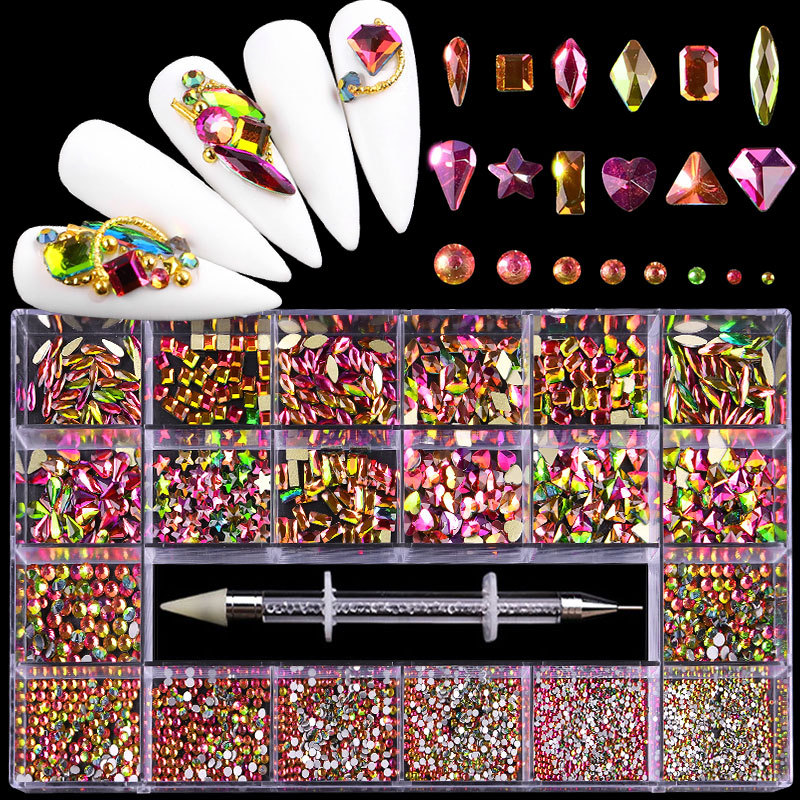 Clavo transfronterizo 21 rejilla rhinestone en caja taladro de uñas plano en forma especial diamante uñas rhinestone joyería traje al por mayor