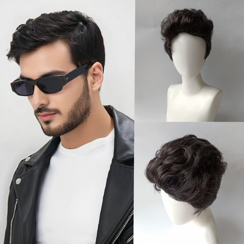 Manufacturer Wholesale Aliexpress European and American Fashionable and Handsome Men's Back-Turning Hair Short Black Hair Fake Hair Full Headgear