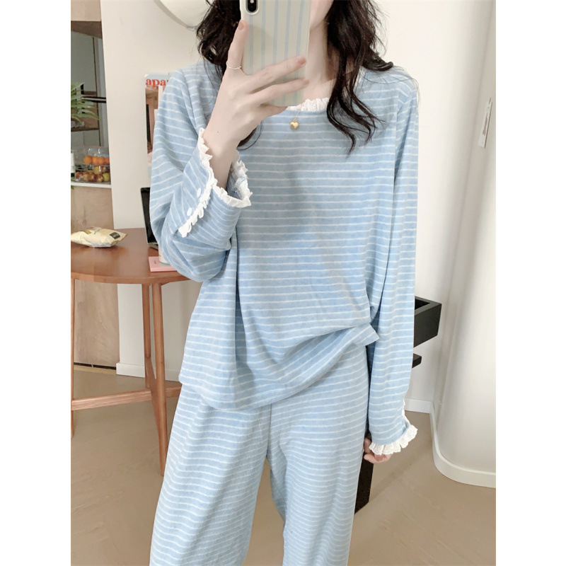 2025 Korean Striped Terry Cloth Velvet Knitted Suit Simple and Comfortable Lace Pajamas Home Wear 2025 Korean Striped Terry Cloth Velvet Knitted Suit Simple and Comfortable Lace Pajamas Home Wear