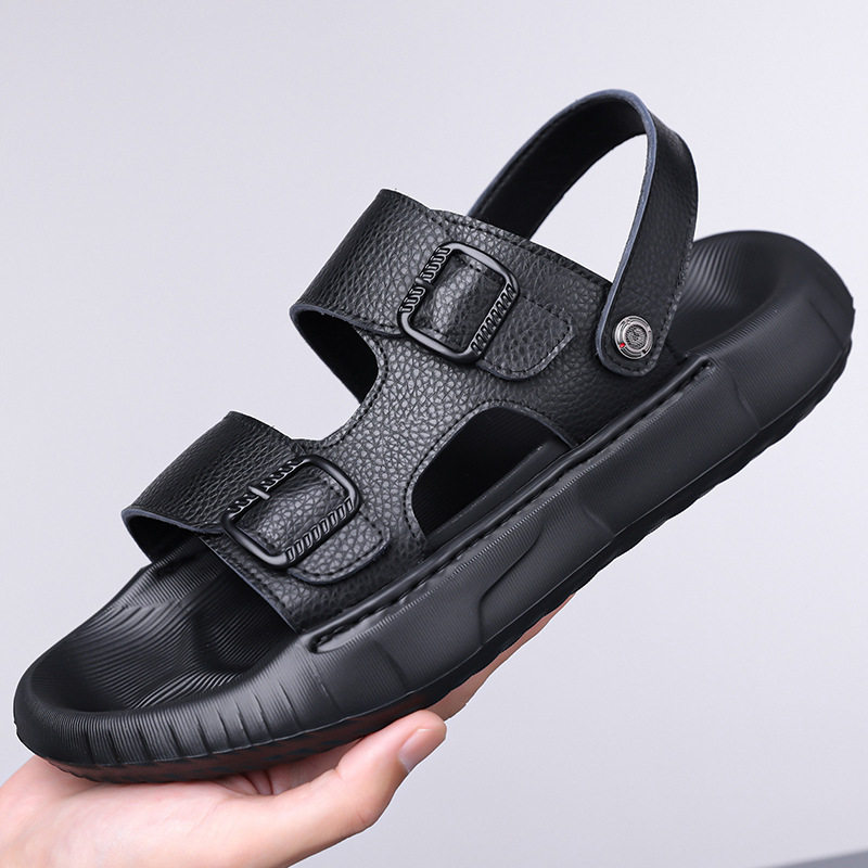 Dép sandal nam da bò lớp đầu hở ngón thoáng khí chống trượt đi biển — GA07 màu nâu, GA07 màu đen