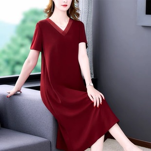 Mother's Dress V-Neck 2025 Loose Belly Covering dress Elegant Slimming Western Style Mid-Length Summer Solid Color Dress for Women
