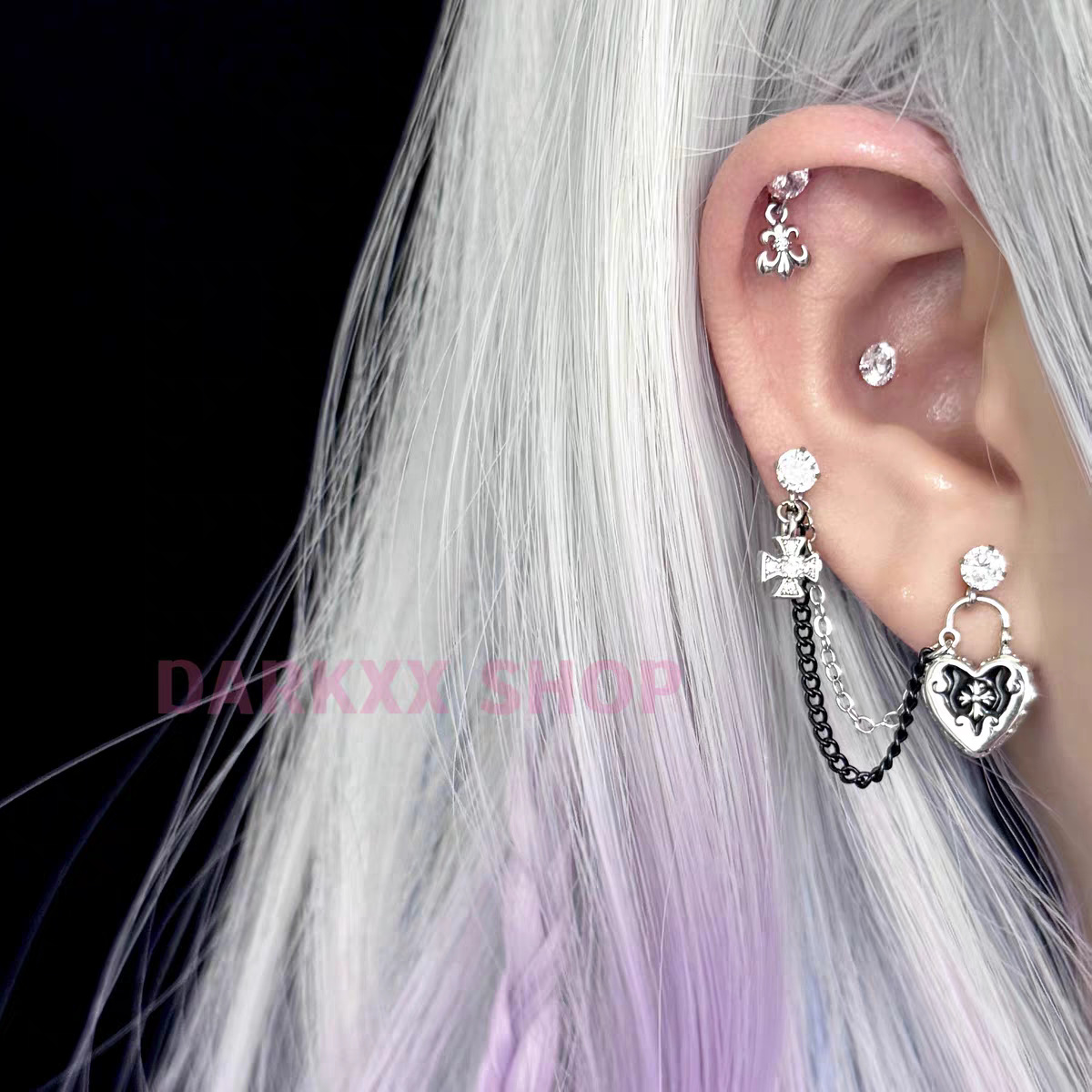 Skeleton Sound | Niche Cool and Stylish Dark Iris Crow Heart Lock Cross Diamond-Encrusted Integrated Earrings Darkxx